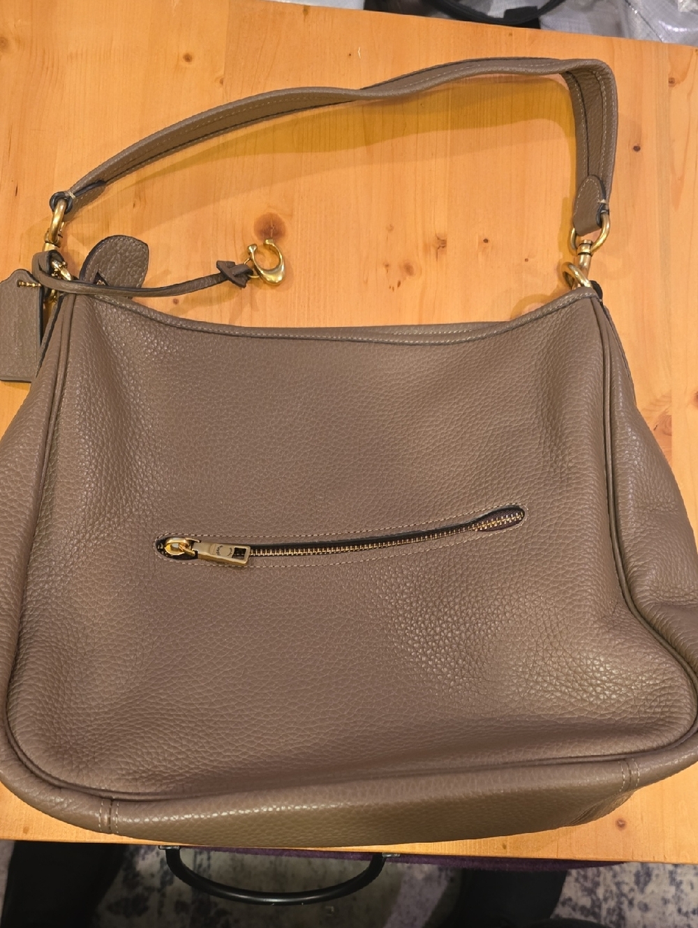 Taupe Pebbled Leather Shoulder Bag with Gold Hardware